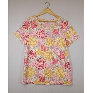 Cottagecore Emily Daniels Womens M Pink Yellow Floral Crochet Trim V-Neck Tee